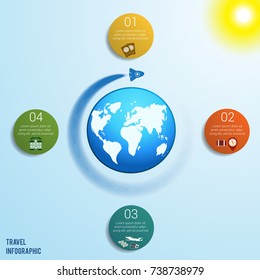Flying rocket around the globe against a blue sky with a bright yellow sun, 4 colored circles numbered with space for text around the world map, can be used for presentations, step by step processes