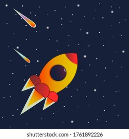 Flying rocket in the background of stars and falling comets.