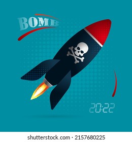 Flying rocket or bomb with a skull