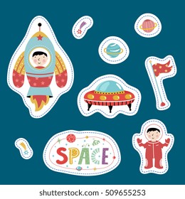 Flying, rocket with boy, astronaut, falling star or comet. Cartoon space vector illustration with cute kids space vector elements. Funny cartoon space symbols or space emblem. Cartoon space sticker