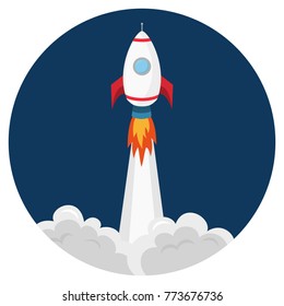 Flying rocket. Business concept startup or launch. Vector illustration.