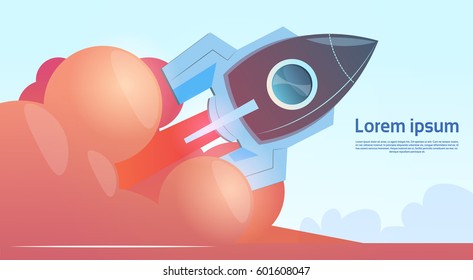 Flying Rocket Business Startup Concept Banner With Copy Space Flat Vector Illustration