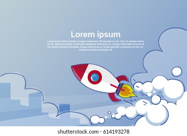 Flying Rocket Business Startup Concept Banner With Copy Space Flat Vector Illustration