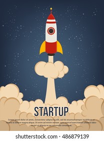 Flying rocket with cloud trail for startup illustration design. Ignition for business investment and reaching goal and result growth.Perfect for innovation and launch to orbit, exploration,development