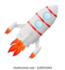 Flying rocket. Colored cartoon drawing. Vector 3d illustration isolated on white background