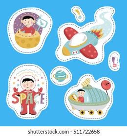Flying rocket, control center, astronaut, exploration rover. Cartoon space vector illustration with cute kids space vector elements. Funny cartoon space symbols or space emblem. Cartoon space sticker