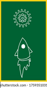 Flying rocket with coronovirus on a school board, vector illustration. The beginning of distance learning at schools, colleges, institutes. Vertical format