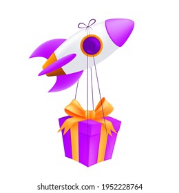 A flying rocket delivering gift box. Vector illustration of a pink spaceship with the wrapped box express delivery concept isolated on a white background