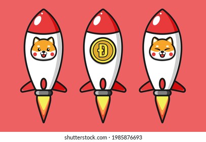 Flying Rocket Design With Shiba Inu And Dogecoin