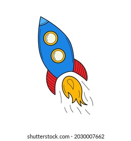A flying rocket. Doodle. A startup symbol. Hand-drawn bColorful vector illustration. The design elements are isolated on a white background