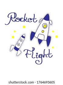flying rocket in doodle style with hand lettering