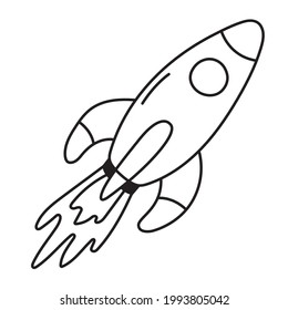 Flying Rocket Doodle Vector Illustration. Childish Drawing Of Rocketship. Black Line Icon Of Spacecraft Object. Startup Concept. Simple Hand Drawn Sketch Of Cosmic Element.