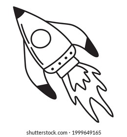 Flying Rocket Doodle Vector Illustration. Childish Drawing Of Rocketship. Black Line Icon Of Spacecraft Object. Startup Concept. Simple Hand Drawn Sketch Of Cosmic Element.