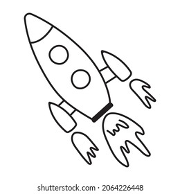 Flying Rocket Doodle Vector Illustration. Childish Drawing Of Rocketship. Black Line Icon Of Spacecraft Object. Startup Concept. Simple Hand Drawn Sketch Of Cosmic Element