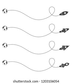 Flying rocket with a dotted line route