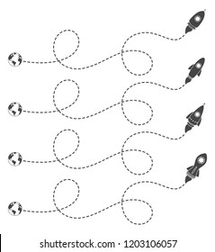 Flying rocket with a dotted line route