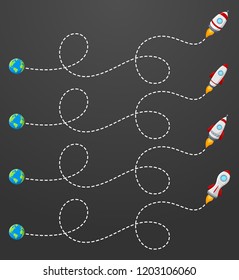Flying rocket with a dotted line route