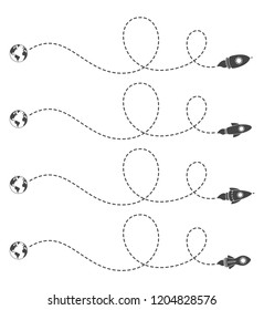 Flying rocket with a dotted line route