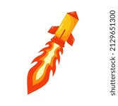 Flying rocket with fiery plume. Rocket propelled projectile takes off towards its designated target. Intercontinental missile with nuclear warhead with vector guidance system