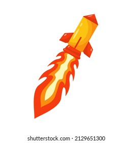 Flying Rocket With Fiery Plume. Rocket Propelled Projectile Takes Off Towards Its Designated Target. Intercontinental Missile With Nuclear Warhead With Vector Guidance System