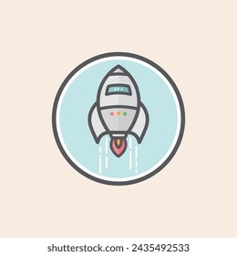 Flying rocket filled icon with fins and engine fire inside a blue circle background. Metallic gray rocket with red fire at the bottom.