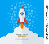 Flying Rocket with Flame and Clouds. Business Icons Pattern Blue Background. Vector illustration. Startup launch Abstract Infographics Concept.
