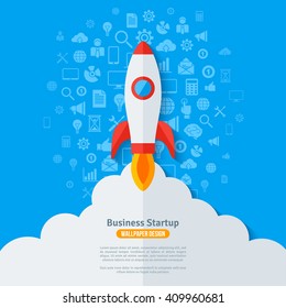 Flying Rocket with Flame and Clouds. Business Icons Pattern Blue Background. Vector illustration. Startup launch Abstract Infographics Concept.