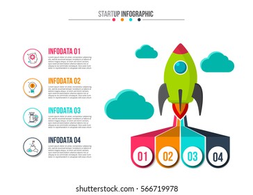 Flying Rocket with Flame and Clouds. Vector illustration. Abstract startup infographics number options template. Stroke icons.