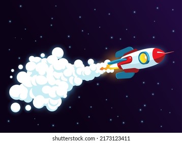 Flying rocket with flame and smoke. Rocket with jet trail in space. Vector illustration.