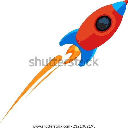 Flying rocket with flame trail. Shuttle launch in cartoon style