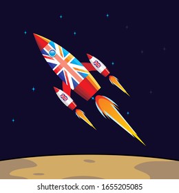 Flying rocket flat cartoon for kids playing and education. Great Britain flag ornament. Background illustration.