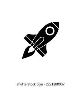 Flying rocket icon in black flat glyph, filled style isolated on white background