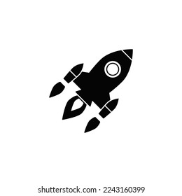 Flying rocket icon in black flat glyph, filled style isolated on white background