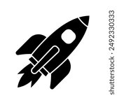 Flying rocket icon. Space travel. Project start up sign. Creative idea symbol. Rocket ship with fire. Vector illustration