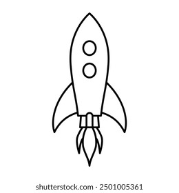 Symbol für fliegende Raketen. Raumfahrt. Projektstartzeichen. Kreatives Ideensymbol. Raketenschiff mit Feuer. Vektorgrafik