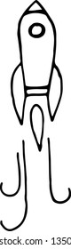 Flying rocket icon vector. Doodle sketch design. Black and white color.
