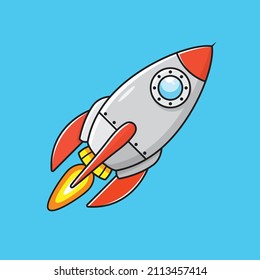 Flying rocket illustration. Rocket launcher icon. Cartoon rocket space ship vector icon. 