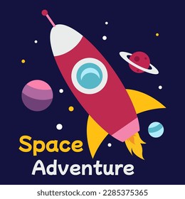 Flying Rocket Illustration with Stars and Planets for Children's Products