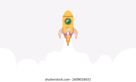 Flying rocket isolated. Rocket ship with fire and smoke launch in the sky. Vector illustration. Children's spaceship toy. Bright colors. Cartoon flat style icon. Business, start up concept.