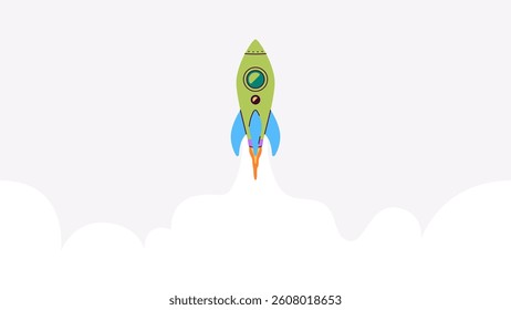 Flying rocket isolated. Rocket ship with fire and smoke launch in the sky. Vector illustration. Children's spaceship toy. Bright colors. Cartoon flat style icon. Business, start up concept.