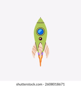 Flying rocket isolated. Rocket ship with fire launch in the sky. Vector illustration. Children's spaceship toy. Bright colors. Cartoon flat style design. Simple icon. Business, start up concept.