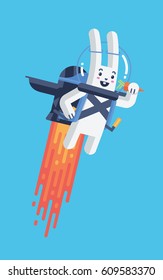 Flying Rocket Jetpack Rabbit Launching in Sky Isolated in Material Design Vector and Bright Contrasting White and Blue