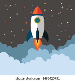 Flying rocket launch. Rocket icon Vector, Cloud and stars background