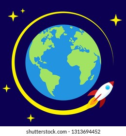 The flying rocket leaving around the Earth