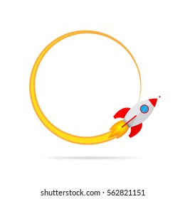 The flying rocket leaving a round track. Colored launch icon in flat design. Vector Illustration.