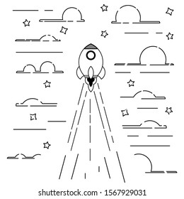 Flying rocket line art colored black white grey