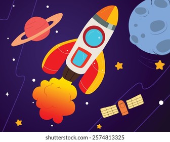 Flying Rocket Near Planets Vector Illustration