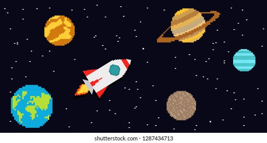 Flying rocket on the background of planets and stars. Pixel art. Vector illustration.