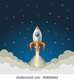 flying rocket on a starry blue background. vector illustration