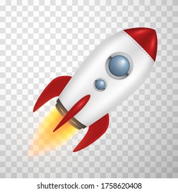 Flying rocket in realistic style. Spaceship, aircraft launch. Business startup, innovation, project development, leadership concept. Vector rocket illustration isolated on transparent background.
